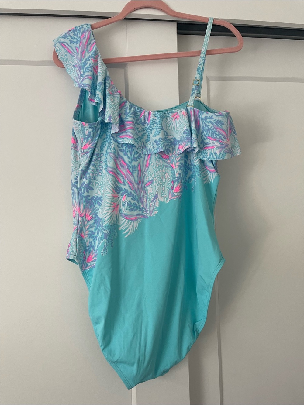 Lilly Pulitzer Turquoise One-Shoulder Ruffle Swimsuit with Pink Coral Print - Picture 2 of 4